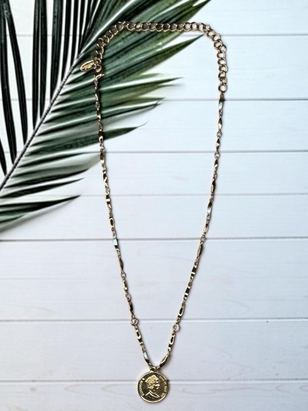 Ettika Gold Tone Coin Pendant Necklace Crystal Station Chain Layering Necklace